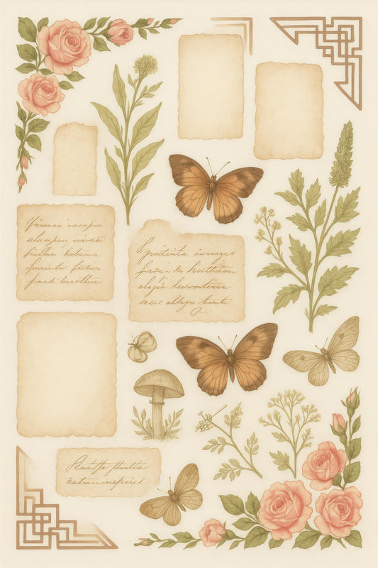 Vintage Botanical Art Print, Antique Butterfly Illustration, Floral and Mushroom Decor, Wall Art