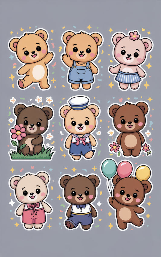 Cute Cartoon Bear Stickers, Assorted Teddy Bears, Kids' Craft Supplies, Scrapbooking, Party Favors, Set of 9 Designs