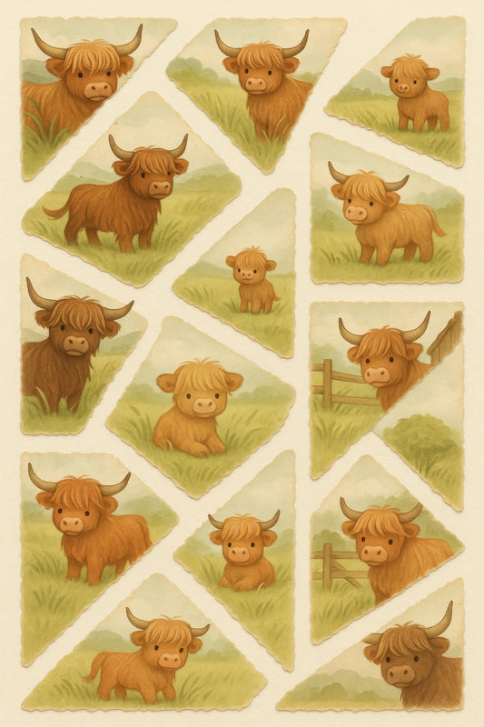 Highland Cow Art Print, Rustic Farmhouse Decor, Vintage Style Watercolor Cattle Illustrations, Set of Various Poses and Expressions.