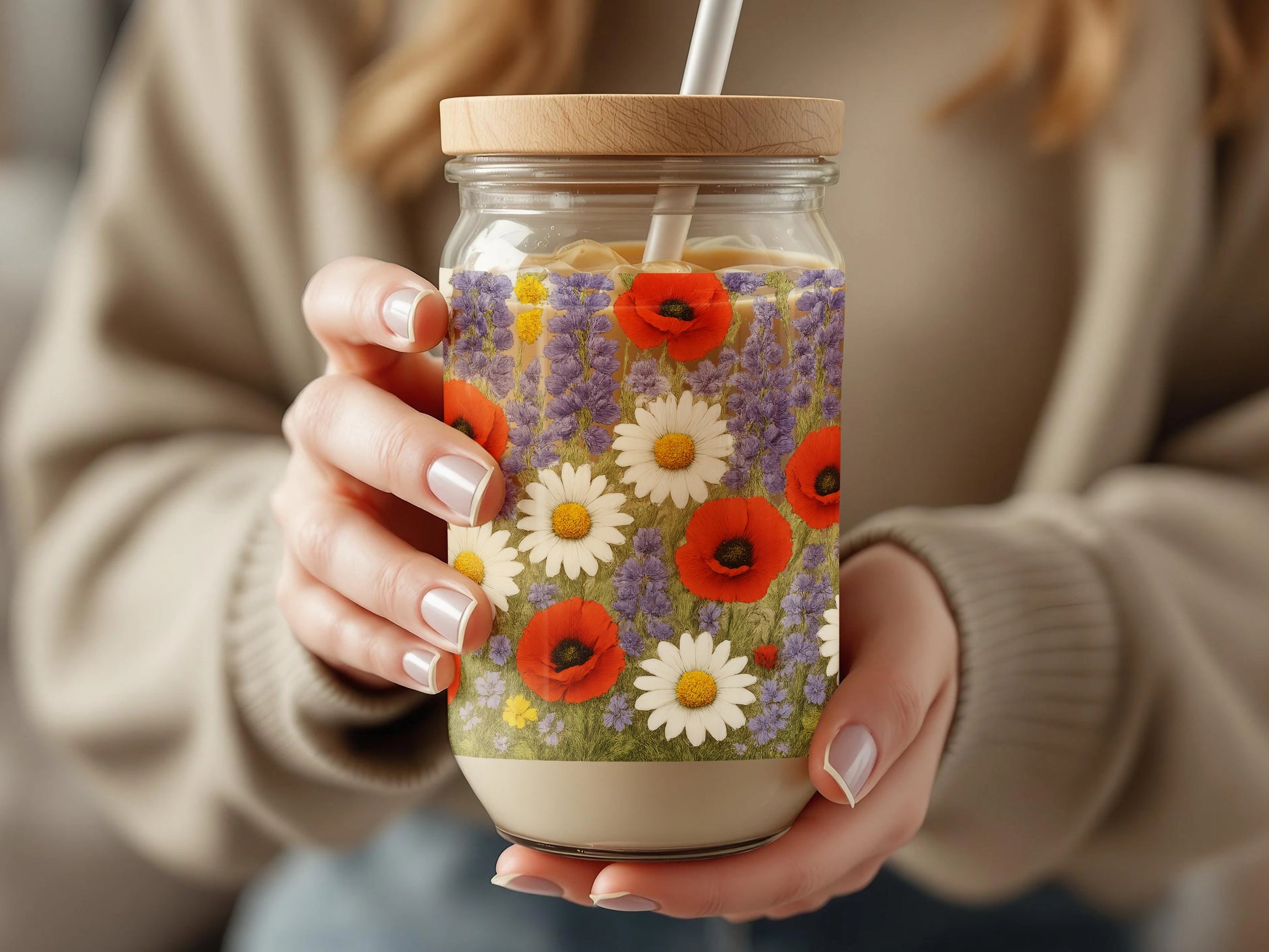 Floral Mason Jar Tumbler, Poppy and Daisy Print, Reusable Glass Drinking Jar with Straw, Gift Idea