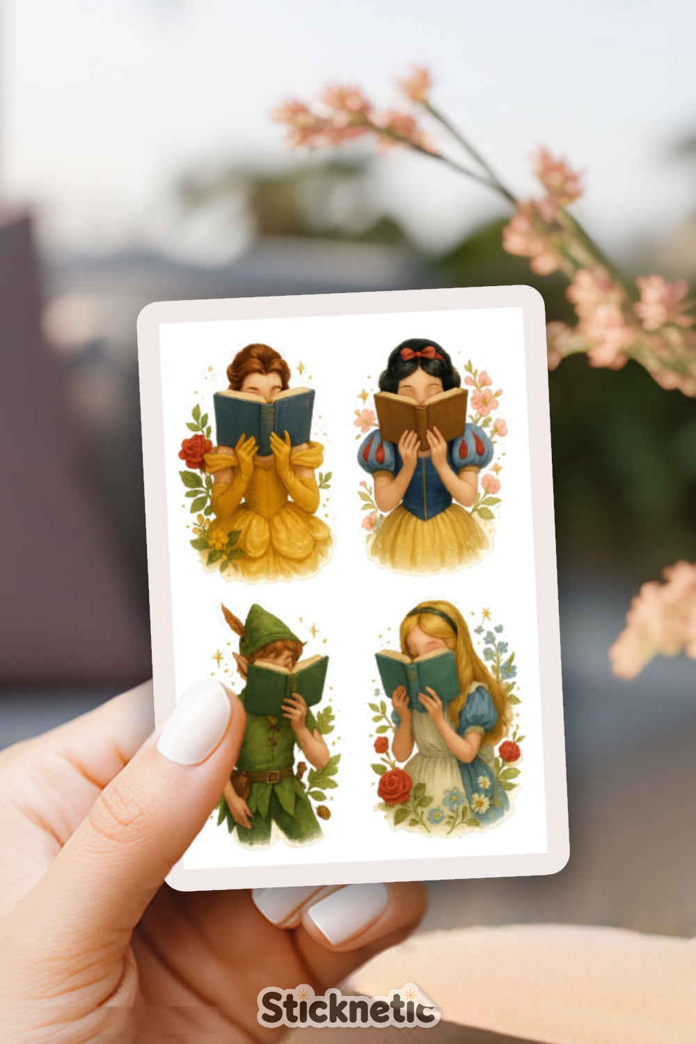 Vintage-Inspired Reading Girls Stickers, Decorative Floral Book Lover Decals, Set of Four, Craft Supplies