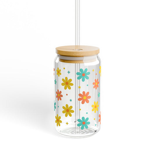 Colorful Floral Glass Water Bottle with Bamboo Lid, Eco-Friendly Reusable Drinkware