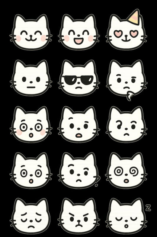 Cute Cat Face Stickers, Variety Pack, Cartoon Cat Emotions, Decorative Kawaii Kitty Labels, Ideal for Scrapbooking and Crafting, Multi-Pack