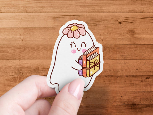 Cute Flower Ghost Holding Books Sticker product type
