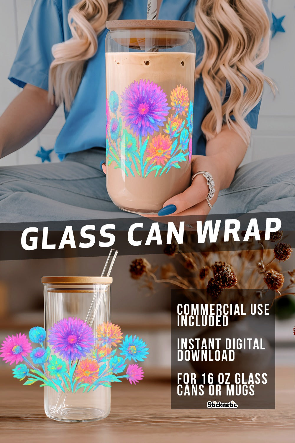 Colorful Floral Glass Can Wrap, Digital Download, 16 oz Mug Decal, Commercial Use, DIY Drinkware Decoration