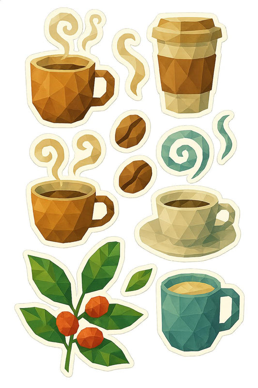 Geometric Coffee Stickers, Abstract Coffee Cups and Beans, Modern Kitchen Decor, Espresso Lover Gift, Set of 9