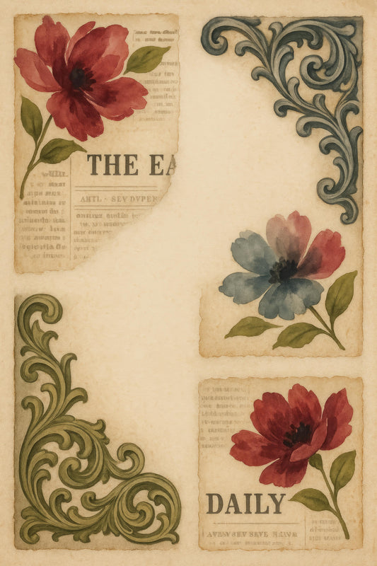 Vintage Floral Art Print, Antique Newspaper Background, Botanical Wall Decor, Red and Blue Flowers Illustration
