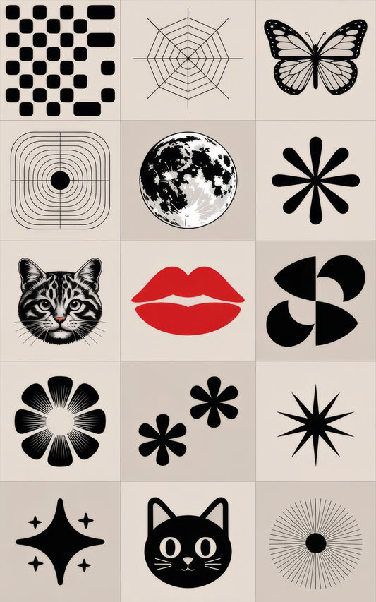 Geometric Shapes, Butterfly, Cat, Lips Art Print - Modern Wall Decor Illustrations