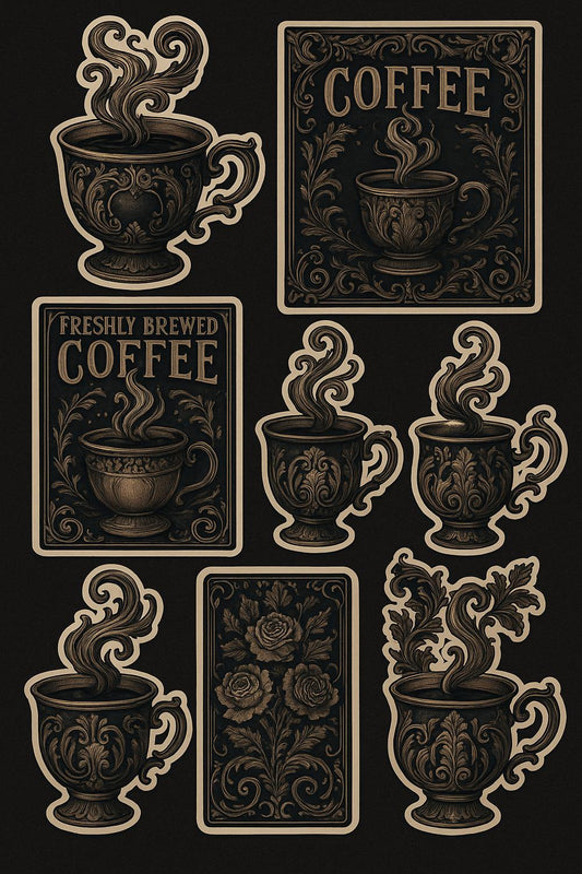 Vintage Coffee Stickers Set, Classic Black and Gold Cup Designs, Elegant Floral and Typography, Kitchen Decor, Scrapbooking Supplies