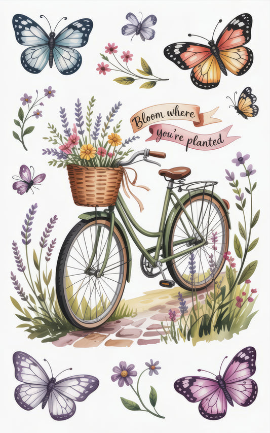 Vintage Bicycle Art Print, Colorful Butterflies, Inspirational Quote, Floral Bike Poster, Bloom Where You're Planted, Home Decor Wall Art