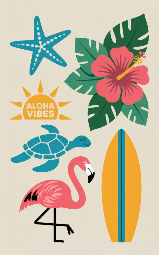 Tropical Wall Art Prints, Flamingo, Sea Turtle, Surfboard, Starfish, Hibiscus Flower, Home Decor