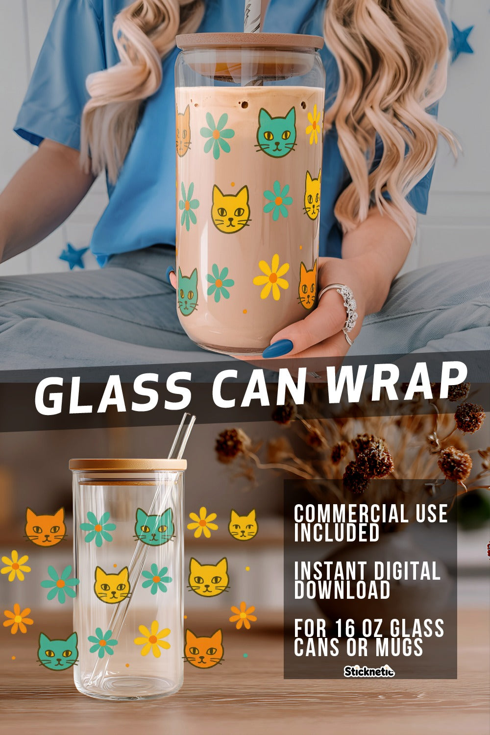 Cat and Flower Glass Can Wrap, Cute Kitten Design, Digital Download, Commercial Use, 16 oz Mug Decor