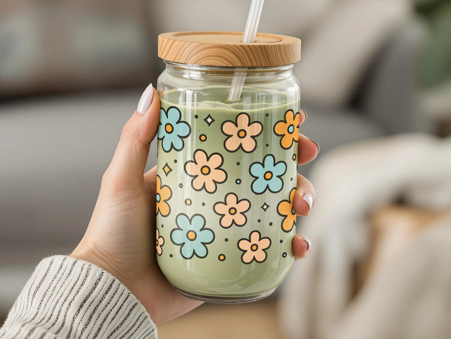 Colorful Floral Pattern Glass Jar with Bamboo Lid and Straw, Reusable Drinking Vessel