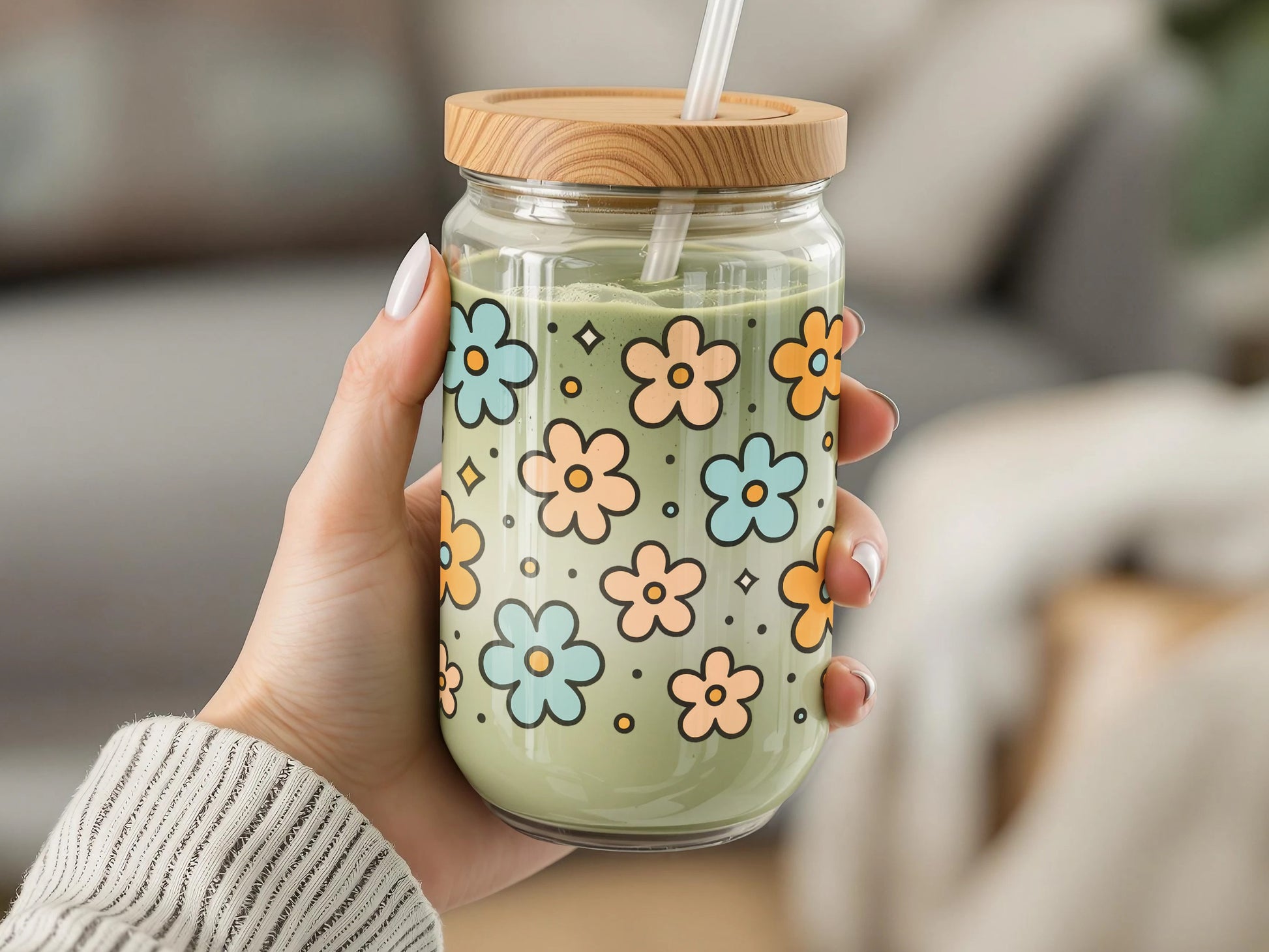 Colorful Floral Pattern Glass Jar with Bamboo Lid and Straw, Reusable Drinking Vessel