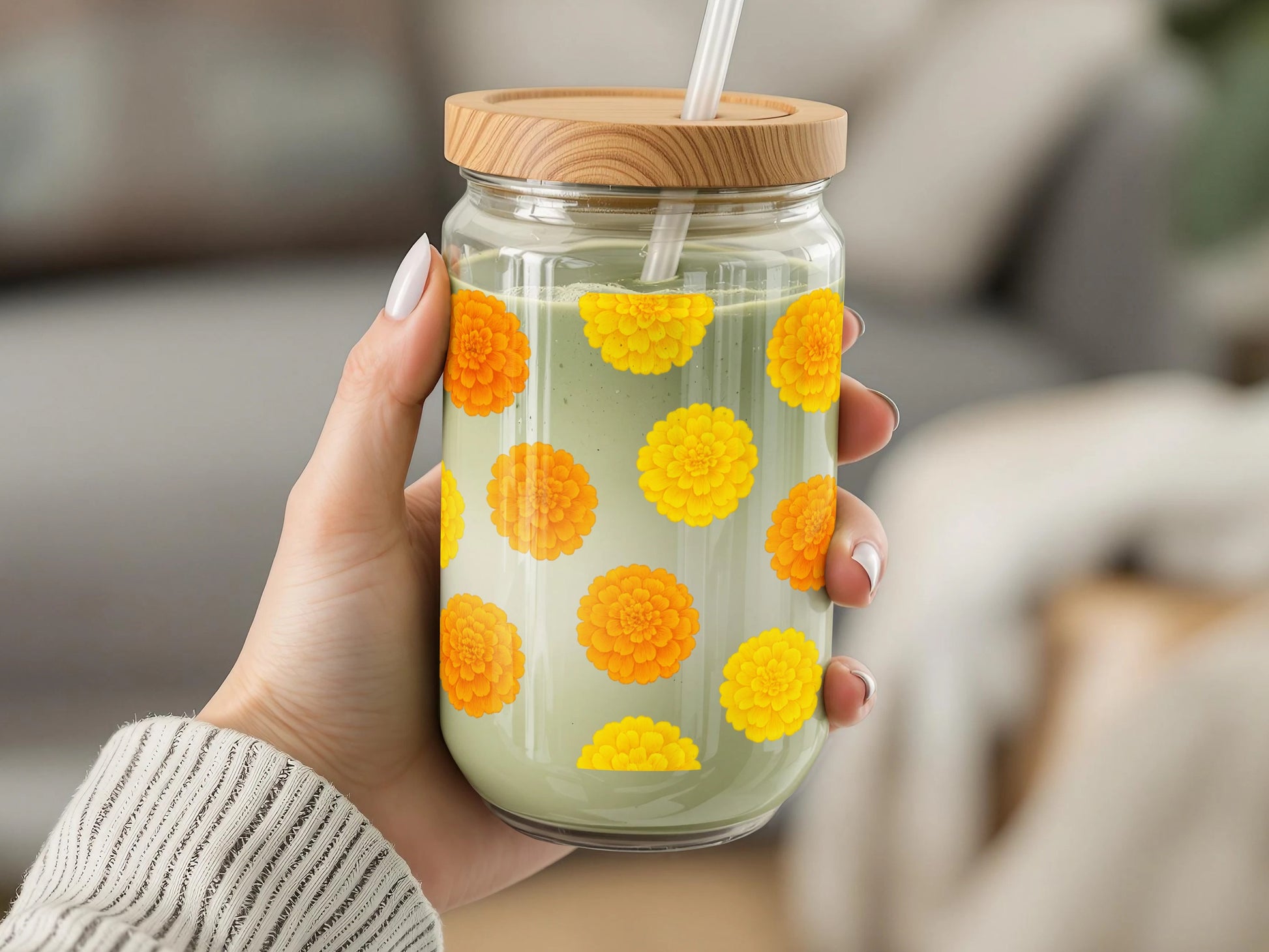 Floral Glass Water Bottle with Bamboo Lid, Reusable Yellow Flower Print Jar, Eco-Friendly Drinking Glass