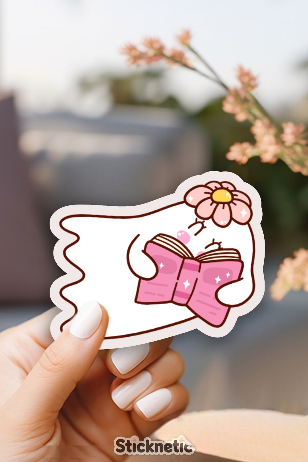 Cute Flower and Book Ghost Sticker product