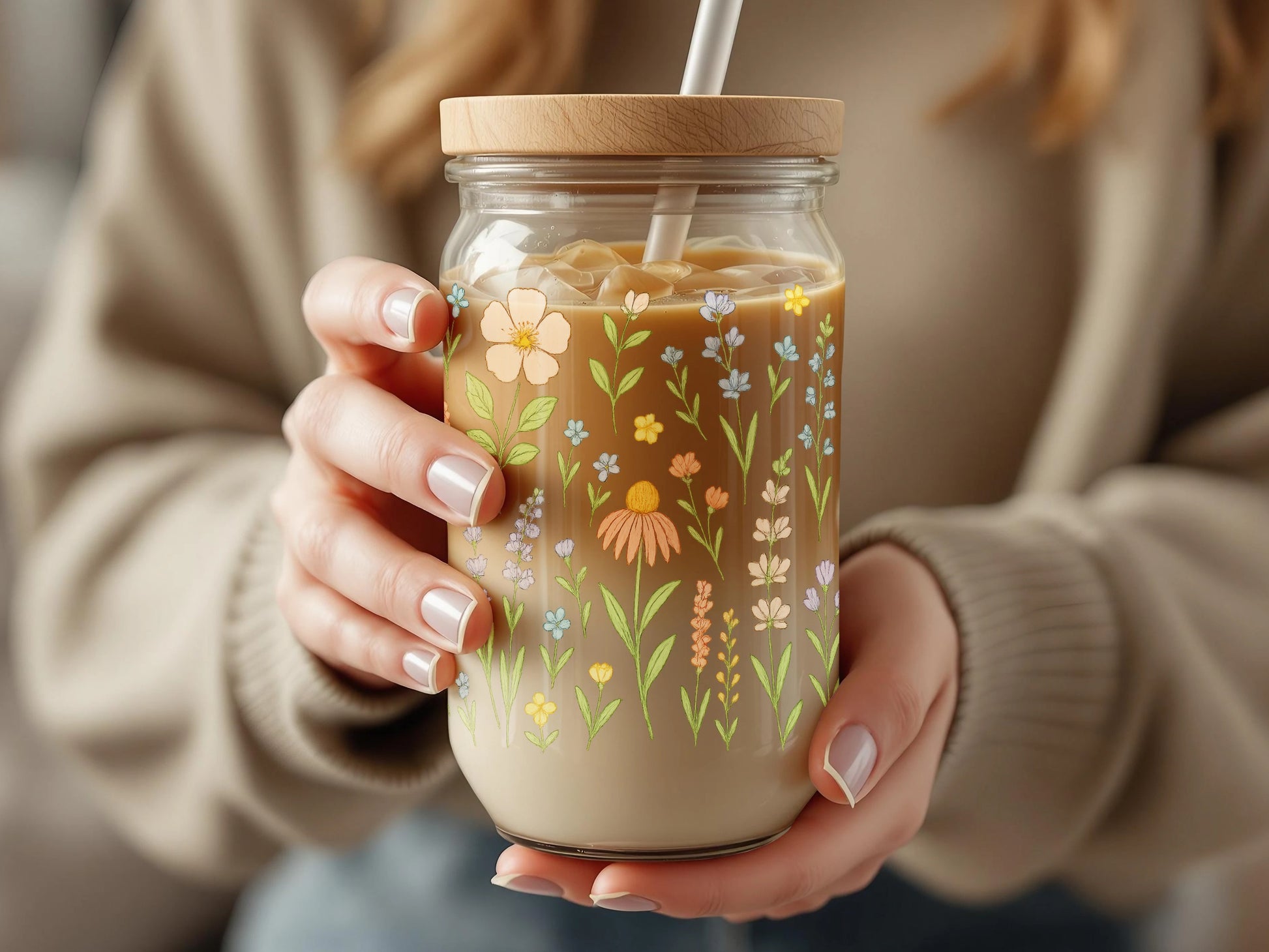 Floral Mason Jar Tumbler, Insulated Coffee Cup with Straw, Daisy Pattern Reusable Drinkware, Eco-Friendly Gift Idea