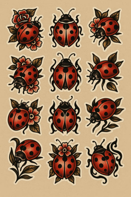 Vintage Ladybug Tattoo Art Stickers, Retro Style Waterproof Decals, Red and Black Bug Sticker Pack for Scrapbooking and Crafts