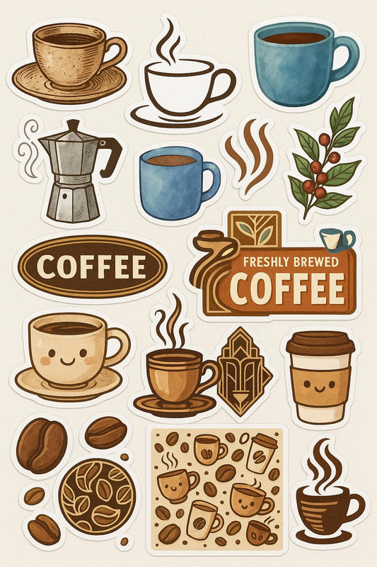 Coffee Sticker Set, Assorted Coffee Cup and Bean Designs, Espresso, Cappuccino, Moka Pot Illustrations, Cute Laptop Decals