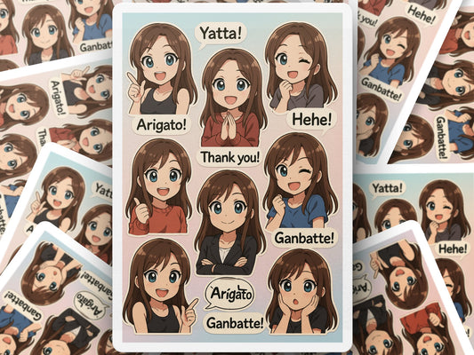 Cute Anime Girl Stickers, Japanese Phrases, Thank You, Yatta, Ganbatte, Arigato, Kawaii Manga Decals