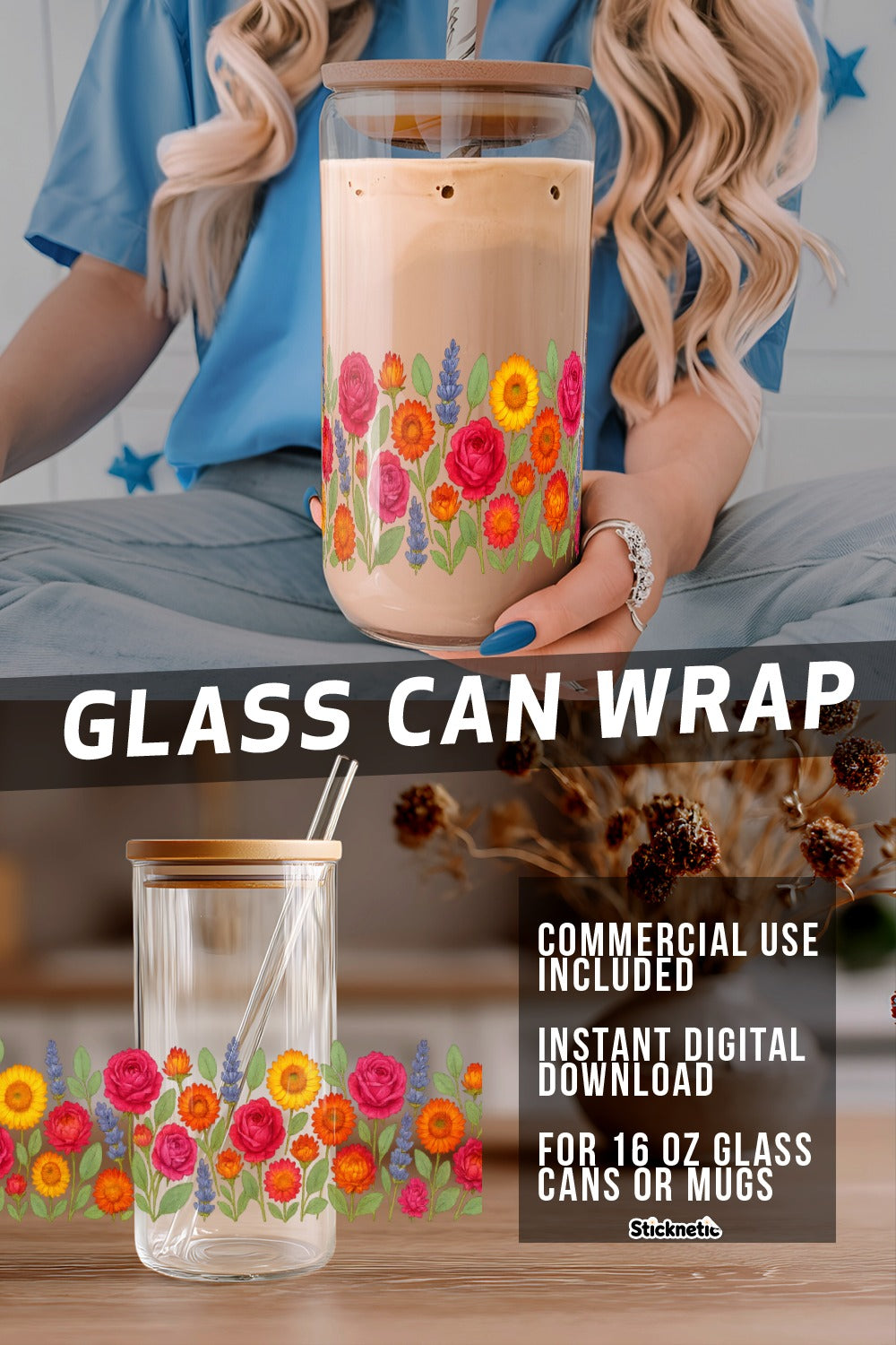 Floral Glass Can Wrap Sticker, Instant Download, Commercial Use, Fits 16 Oz Mugs, Colorful Flower Design