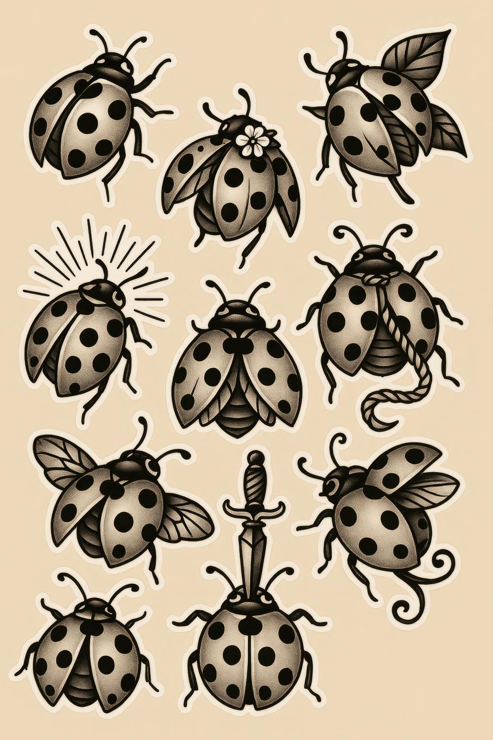 Vintage Ladybug Illustrations, Black and White Clipart, Beetle Art Prints, Nature Inspired Decor, Set of 9