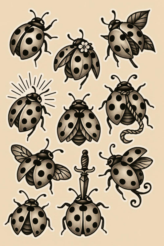 Vintage Ladybug Illustrations, Black and White Clipart, Beetle Art Prints, Nature Inspired Decor, Set of 9
