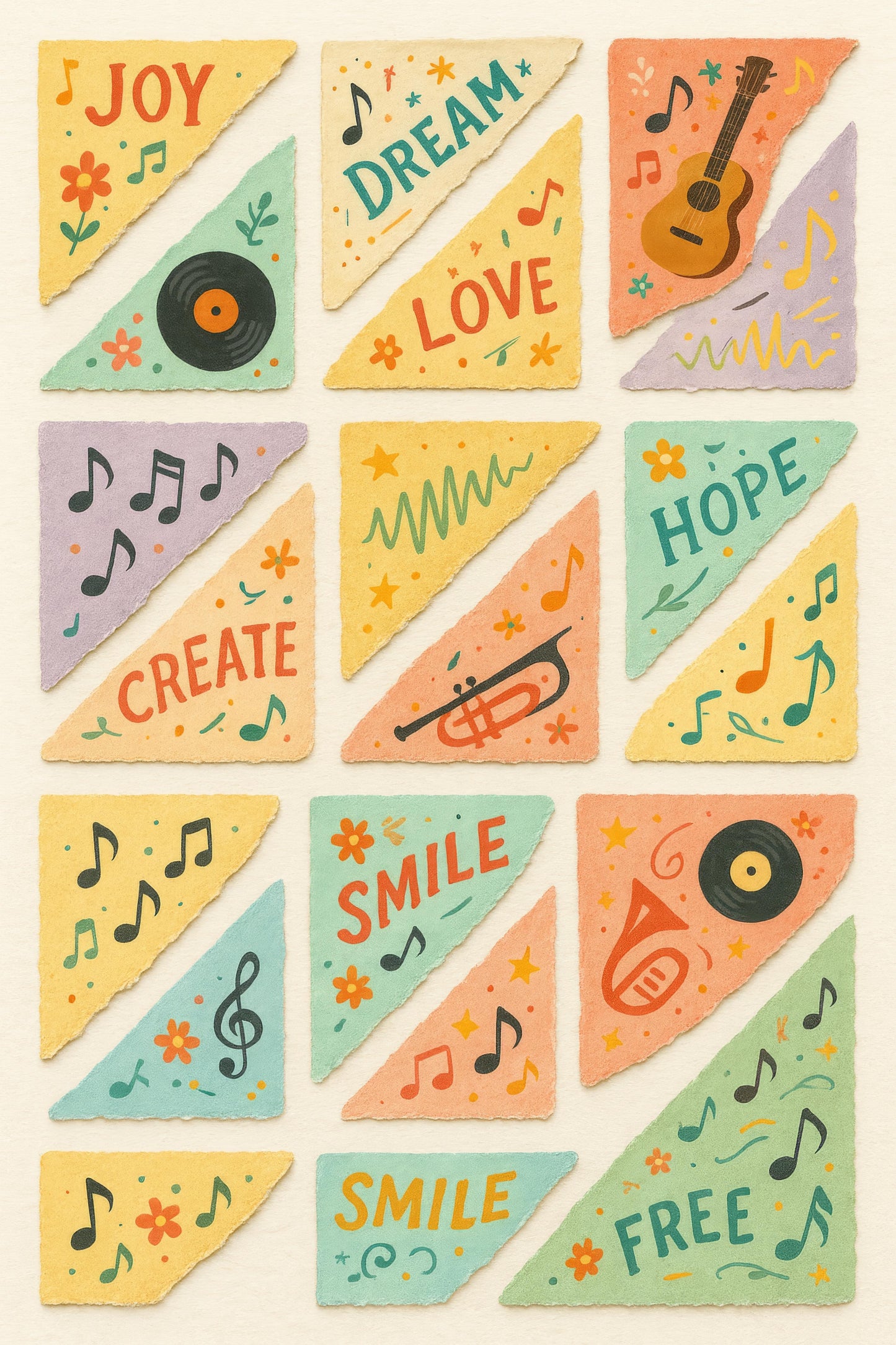 Colorful Music and Inspirational Words Art Print Set, Vintage Style Wall Decor, Joy Dream Love Hope Create Smile