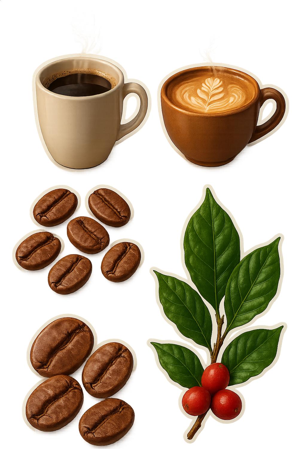 Coffee Lover Art Print, Espresso and Cappuccino Cups with Beans and Leaf Illustration