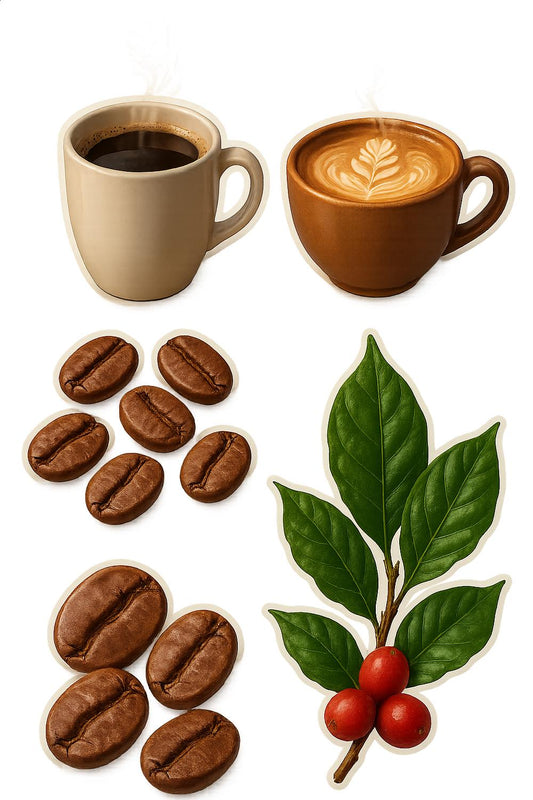 Coffee Lover Art Print, Espresso and Cappuccino Cups with Beans and Leaf Illustration