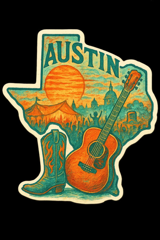 Austin Texas Themed Sticker, Vintage Style Guitar and Boots, Sunset Cityscape, Travel Souvenir, Waterproof Vinyl Decal
