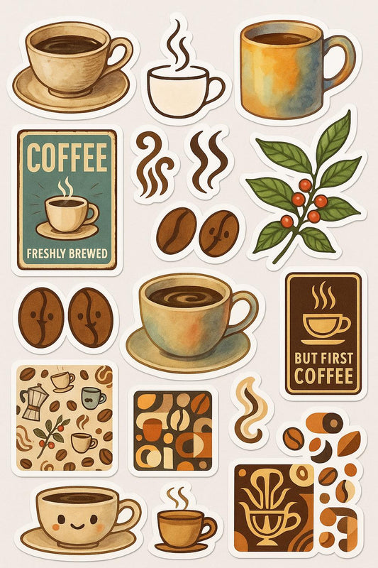 Vintage Coffee Sticker Pack, Espresso Cups, Beans, Barista Theme, Waterproof Vinyl Decals for Laptops and Planners