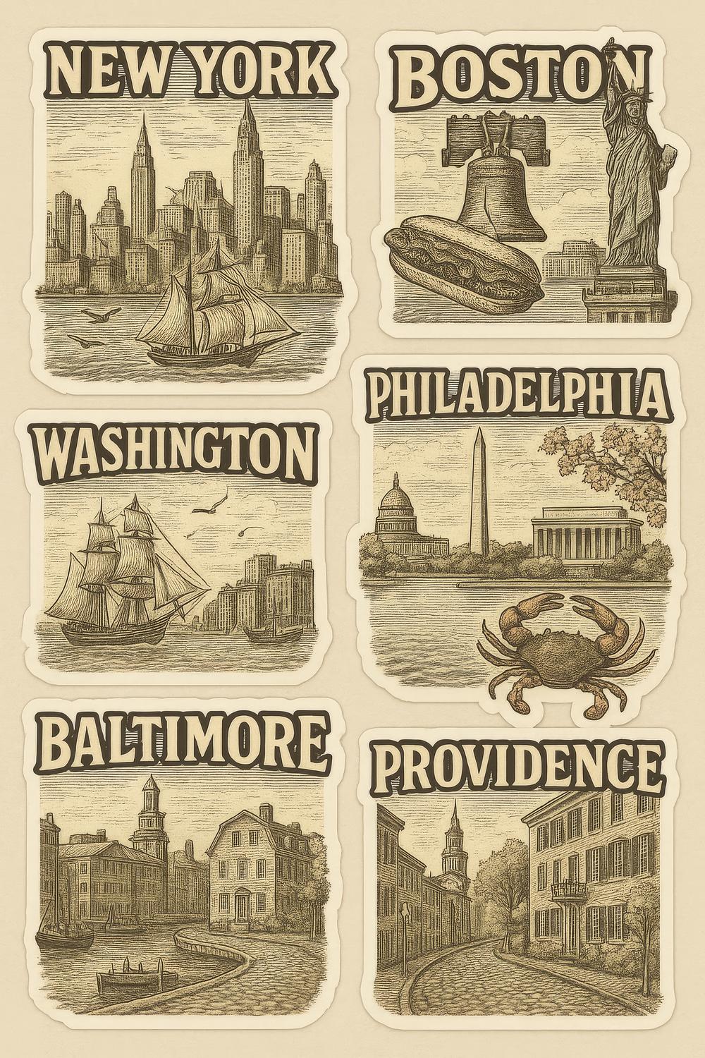 Vintage City Illustration Poster Prints - New York, Boston, Washington, Set of Six Art Prints for Home Decor