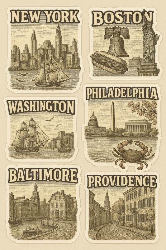 Vintage City Illustration Poster Prints - New York, Boston, Washington, Set of Six Art Prints for Home Decor