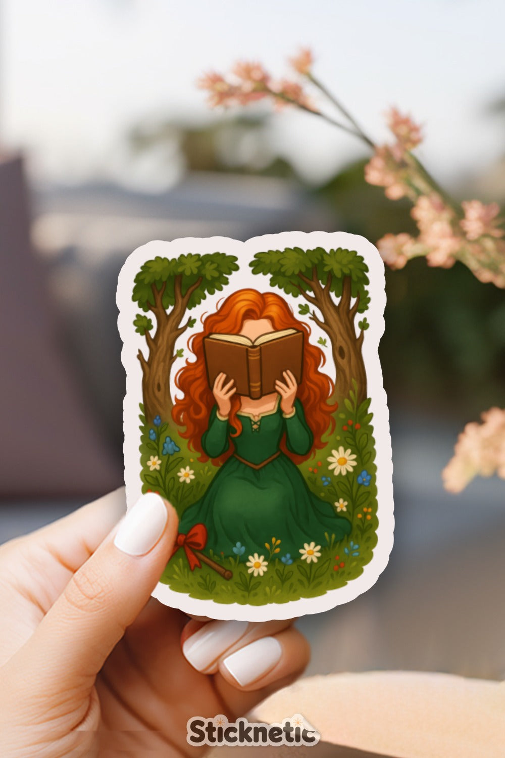 Enchanted Forest Reading Girl Sticker, Redhead in Green Dress, Book Lover Gift, Laptop Decal, Water Resistant Vinyl, Nature Themed Art