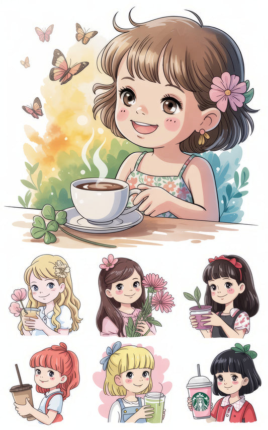 Cute Cartoon Girls Art Print, Floral Coffee and Ice Cream, Whimsical Wall Decor Illustrations
