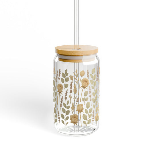Floral Pattern Glass Jar with Wooden Lid, Elegant Storage Container for Kitchen