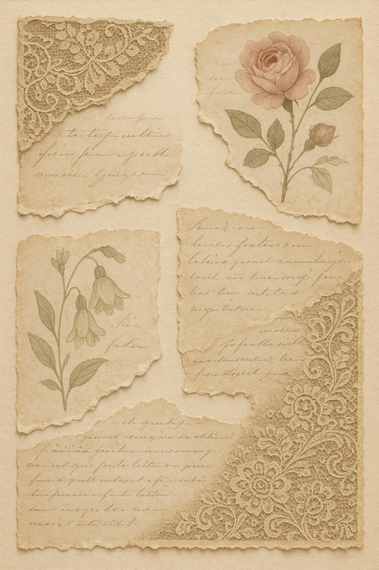 Vintage Floral and Lace Paper Art, Botanical Print, Antique Handwritten Script, Shabby Chic Wall Decor, Rose Illustration, Gift Idea
