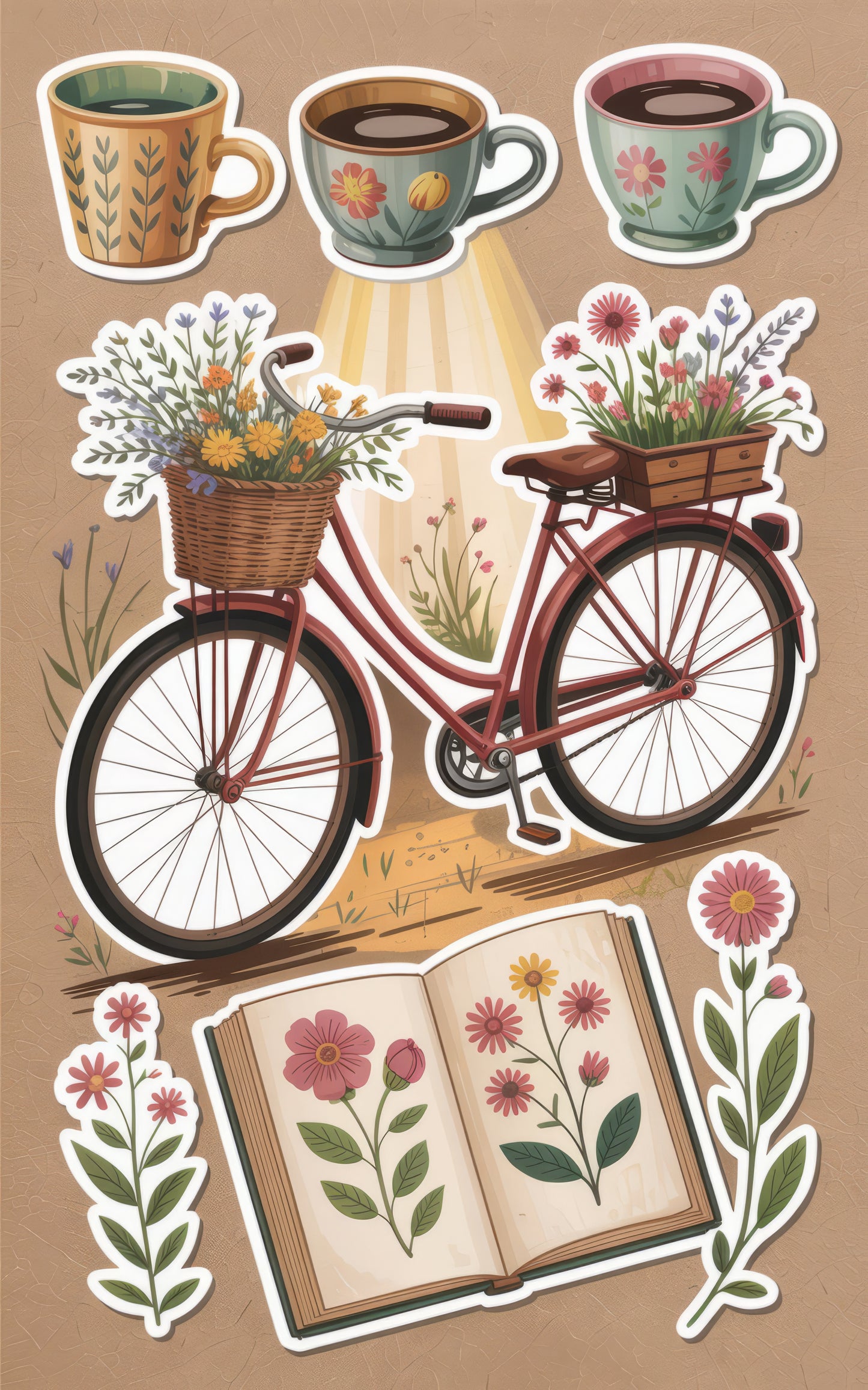 Vintage Bicycle Floral Stickers, Flower Coffee Mugs, Rustic Garden Decals, Bohemian Decor Set