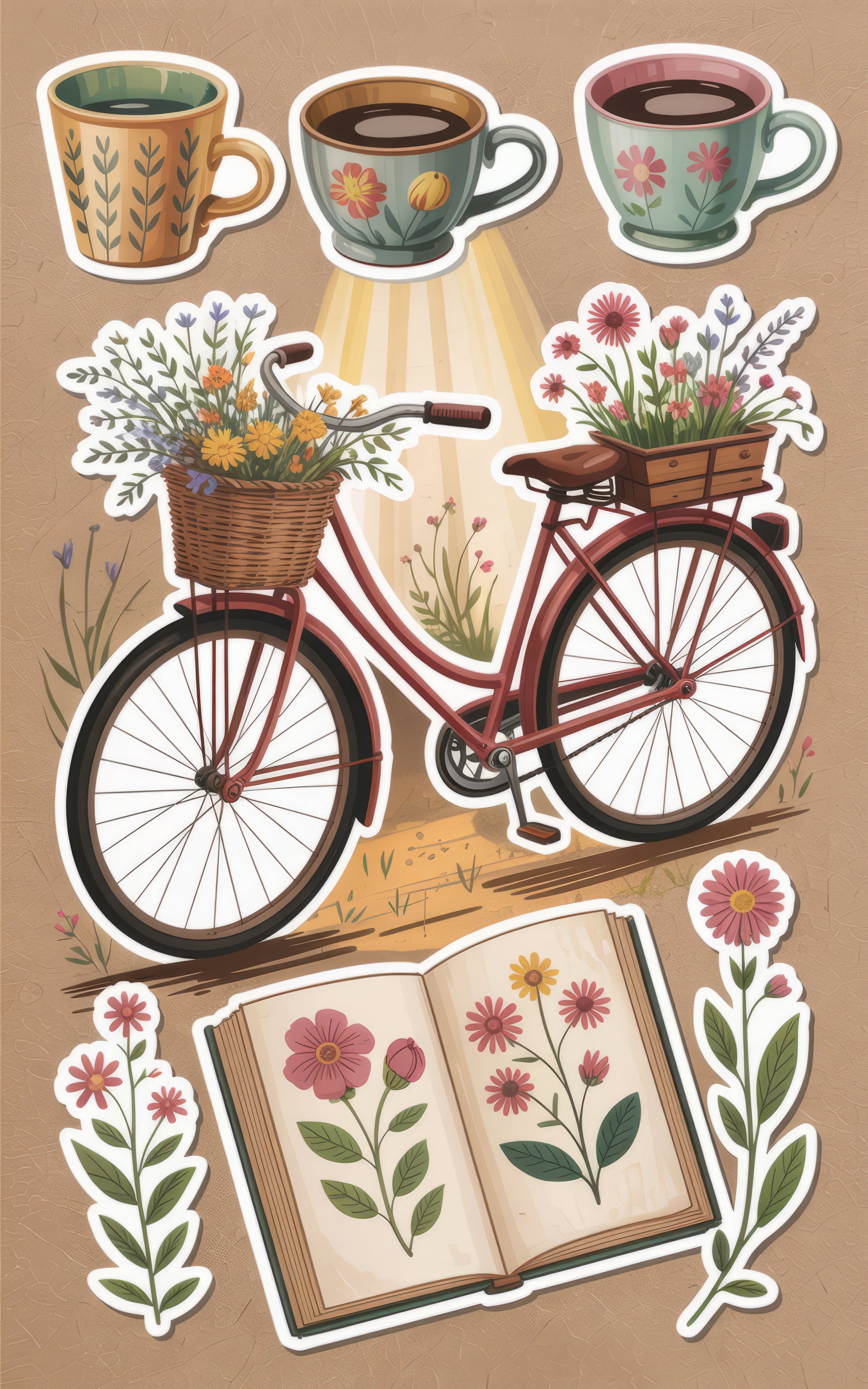 Vintage Bicycle Floral Stickers, Flower Coffee Mugs, Rustic Garden Decals, Bohemian Decor Set