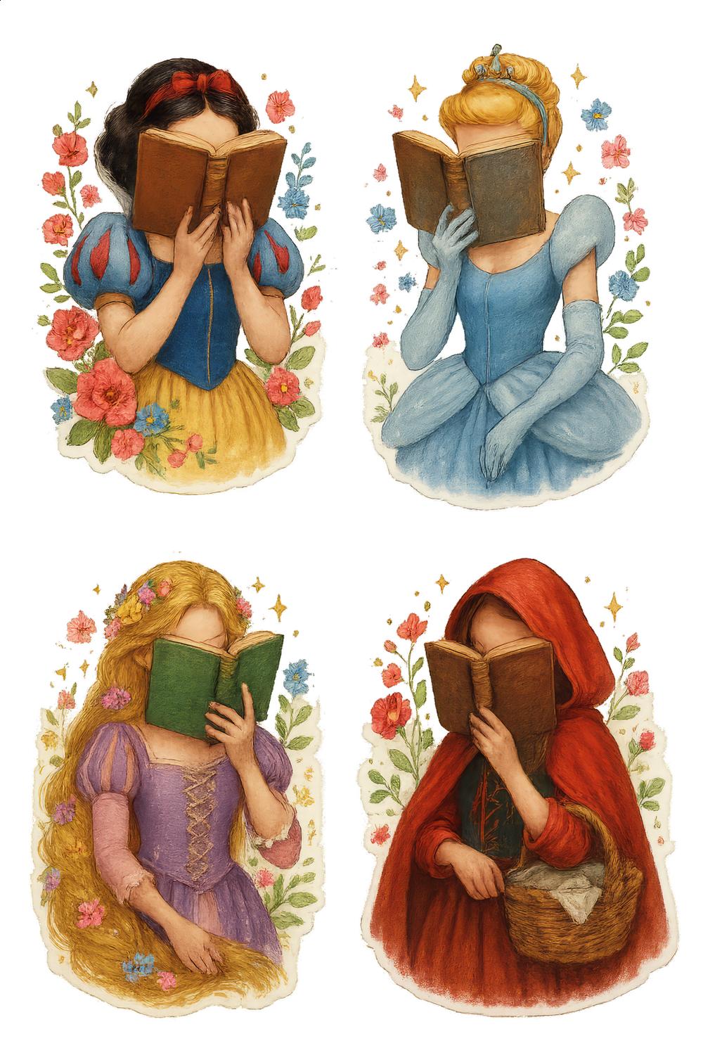 Fairy Tale Princess Art Prints, Vintage Book Reading Disney Princesses, Nursery Decor Set of 4