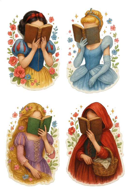 Fairy Tale Princess Art Prints, Vintage Book Reading Disney Princesses, Nursery Decor Set of 4