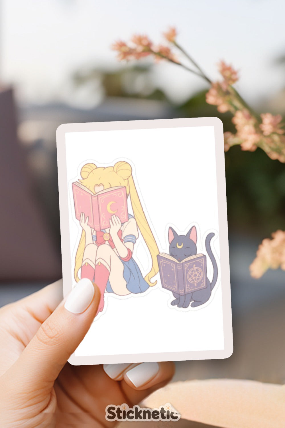 Cute Anime Girl and Cat Reading Book Vinyl Sticker, Laptop Decal, Kawaii Manga Art
