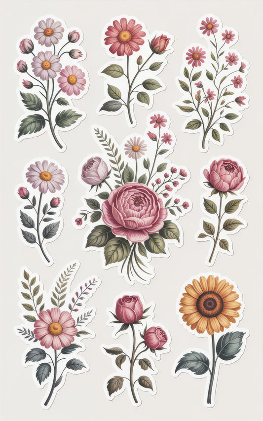 Vintage Floral Stickers Pack, Water-Resistant Decals, Botanical Garden Theme, Scrapbooking Supplies, Gift for Gardeners, Craft Accessories