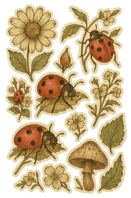 Vintage Botanical Ladybug and Mushroom Illustration, Rustic Cottagecore Nature Prints for Wall Decor