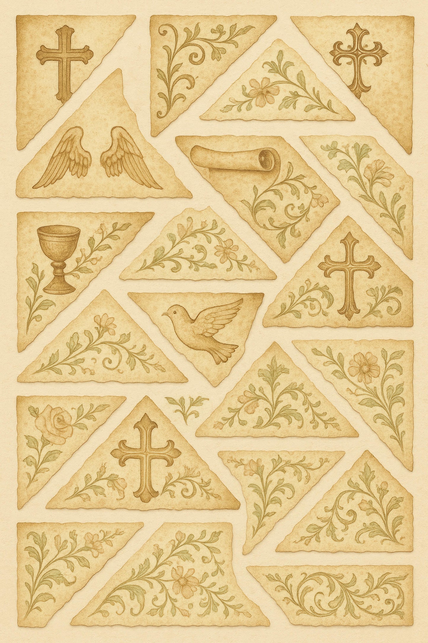 Vintage Religious Icons Watercolor Print, Christian Symbols, Angels, Crosses, Dove Artwork, Spiritual Wall Decor