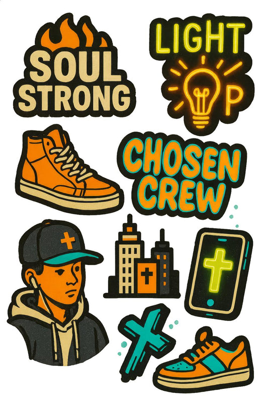 Vintage Style Urban Stickers, Retro City Sneaker, Bold Typography, Streetwear Decals, Pack of Six
