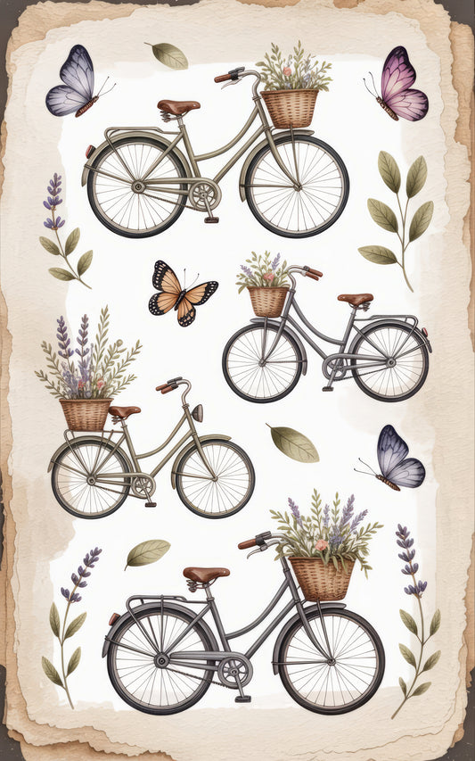 Vintage Bicycle and Butterfly Art Print, Botanical Wall Decor, Floral Illustration Poster, Rustic Home Decoration, Nature Inspired Artwork