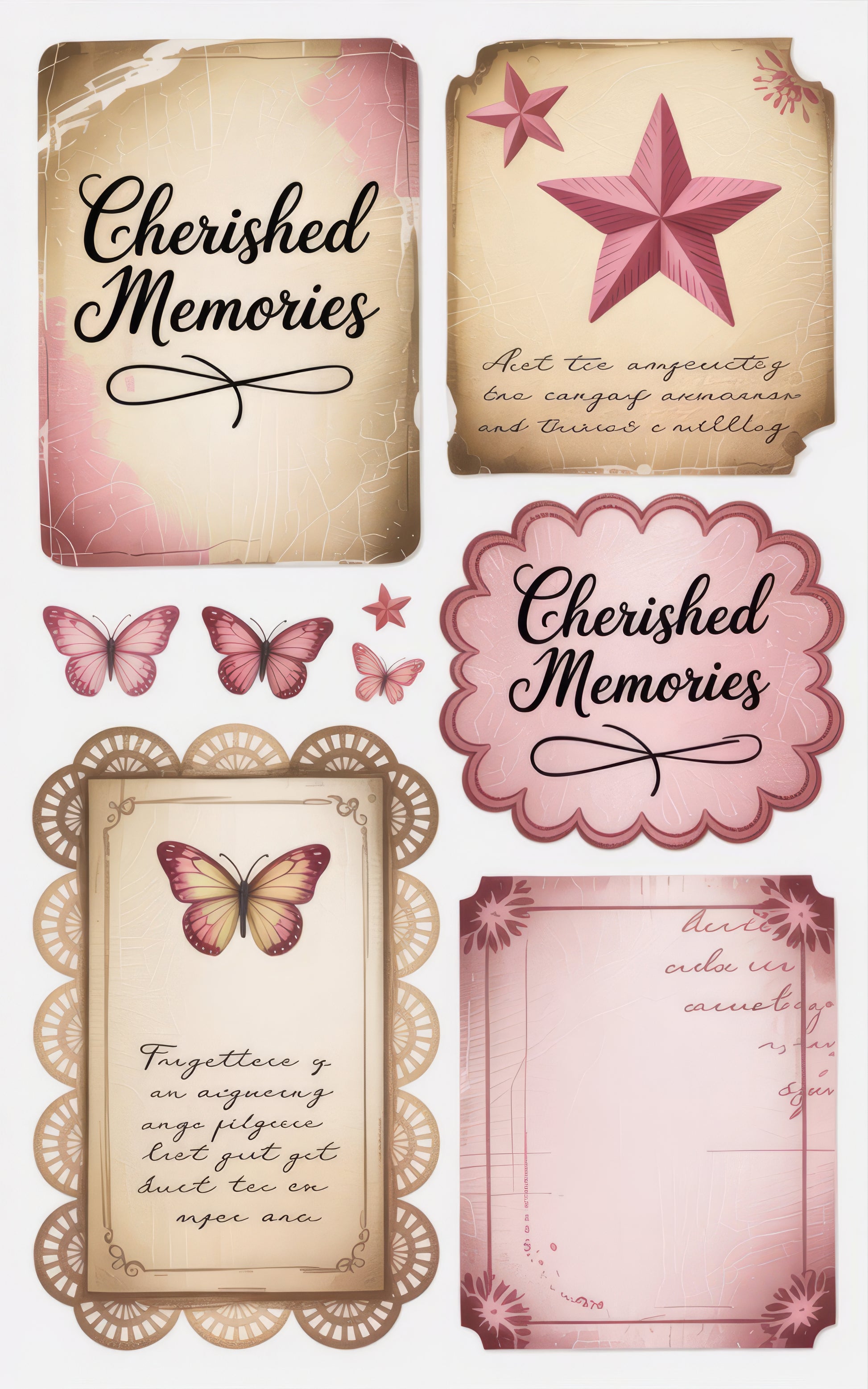 Vintage Memory Book Pages, Scrapbooking Paper, Butterfly and Star Design, Pink Tones, Crafting Supplies 4-Pack