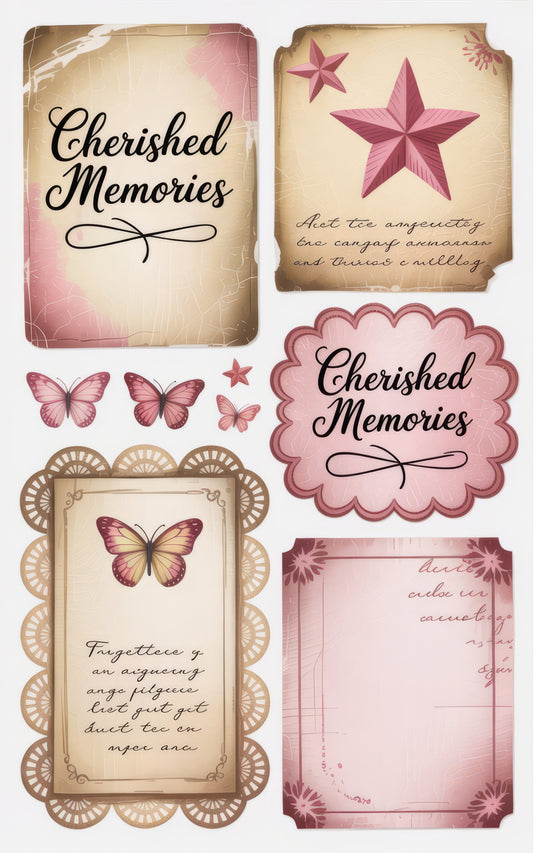 Vintage Memory Book Pages, Scrapbooking Paper, Butterfly and Star Design, Pink Tones, Crafting Supplies 4-Pack